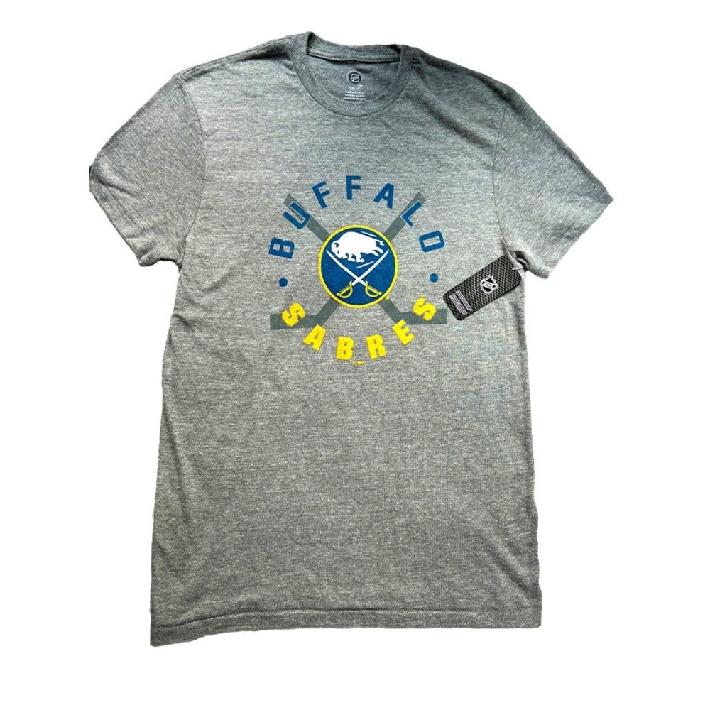 🟣 NWT NHL Buffalo Sabres Women's Gray T-shirt with Logo and Hockey Sticks